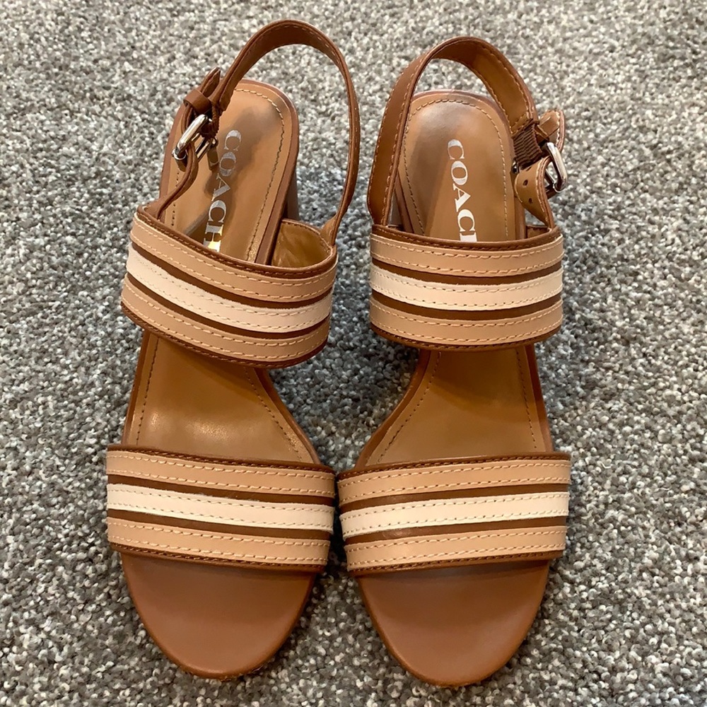 Coach Brown and Cream Strappy Slingback Heels